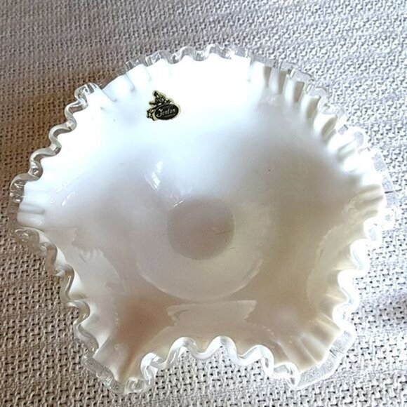 Fenton Vintage Hobnail Ruffled Milk Glass Clear Ruffled Edges Cottage Chic Bowl - Picture 1 of 9